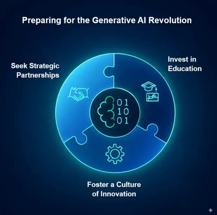 A diagram outlining three key steps to prepare for the generative AI revolution: Seek Strategic Partnerships, Invest in Education, and Foster a Culture of Innovation.