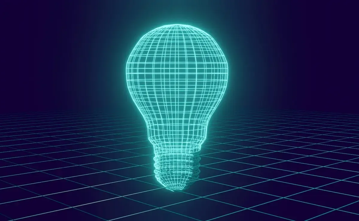 A glowing blue wireframe of a lightbulb representing AI innovation over a grid.